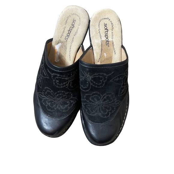 Softspots Slip On Mules Black Suede/Leather Floral Womens SZ 10WW clogs shoes - Picture 2 of 8